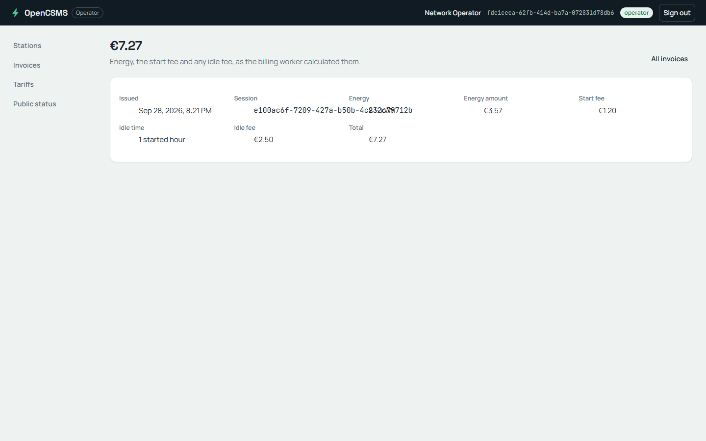 An invoice detail: energy amount, start fee, idle fee and the total the billing worker calculated.