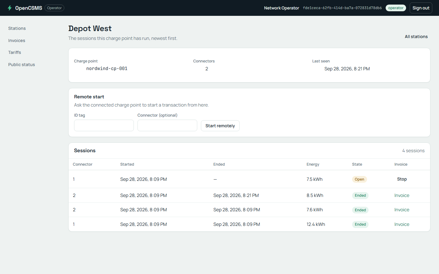 The station timeline: a charge point, the remote-start panel and the sessions the dashboard lists.