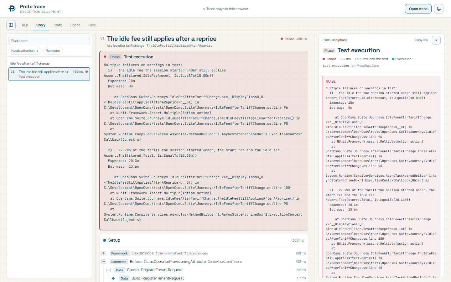 The ProtoTrace viewer on the idle-fee failure: the failed test, the assertion message and the execution entry.